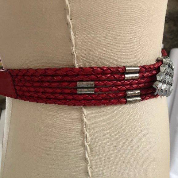 Vintage Red Leather Braided Belt with Silver - Picture 5 of 9